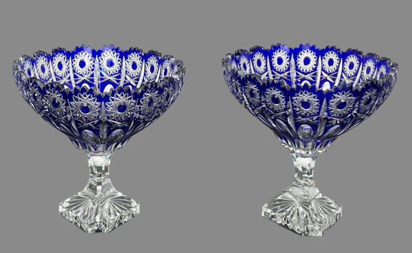 PAIR OF BOHEMIAN CUT CRYSTAL BLUE PEDESTAL GOBLETS