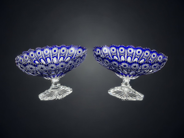 PAIR OF BOHEMIAN CUT CRYSTAL BLUE PEDESTAL GOBLETS