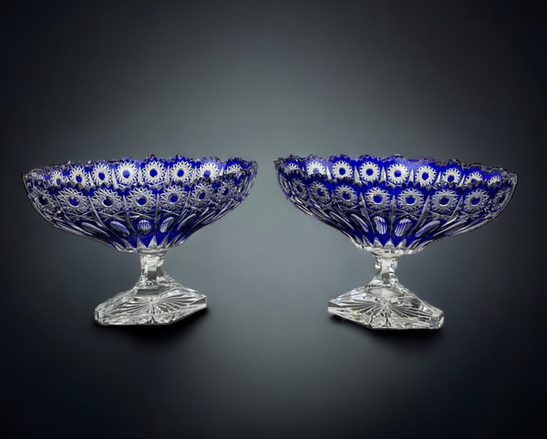 PAIR OF BOHEMIAN CUT CRYSTAL BLUE PEDESTAL GOBLETS