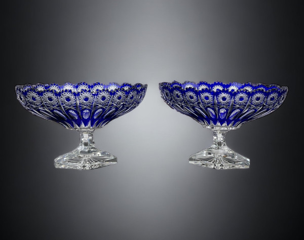 PAIR OF BOHEMIAN CUT CRYSTAL BLUE PEDESTAL GOBLETS