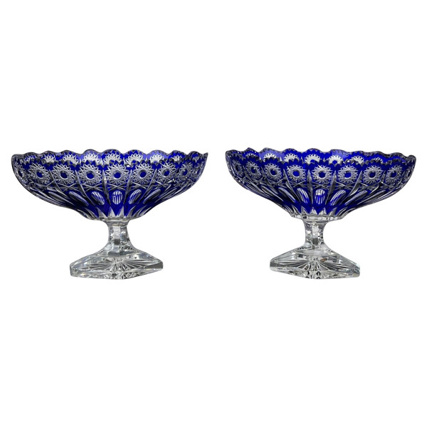 PAIR OF BOHEMIAN CUT CRYSTAL BLUE PEDESTAL GOBLETS