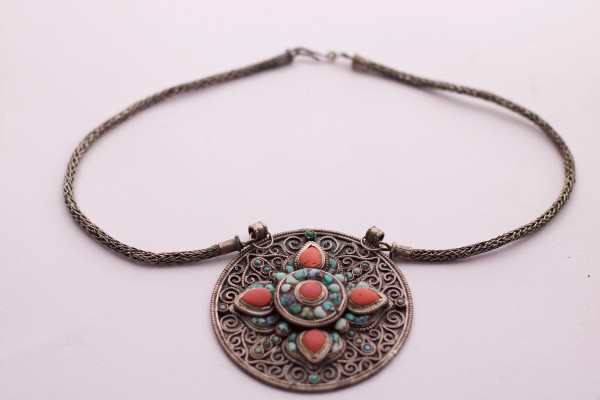 Amulette Pendentif Tibétain Argent Corail Turquoise