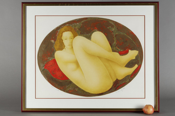 Lithograph by Alain Bonnefoit "NUDE WOMAN LYING ON A BED"