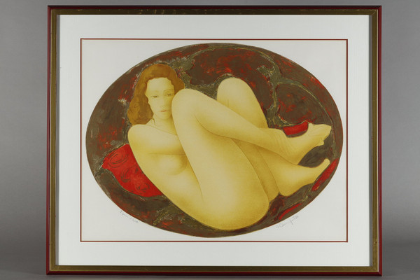 Lithograph by Alain Bonnefoit "NUDE WOMAN LYING ON A BED"