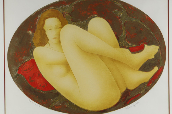 Lithograph by Alain Bonnefoit "NUDE WOMAN LYING ON A BED"