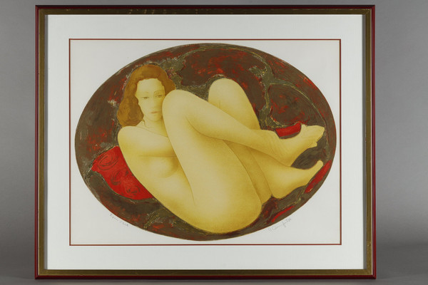 Lithograph by Alain Bonnefoit "NUDE WOMAN LYING ON A BED"