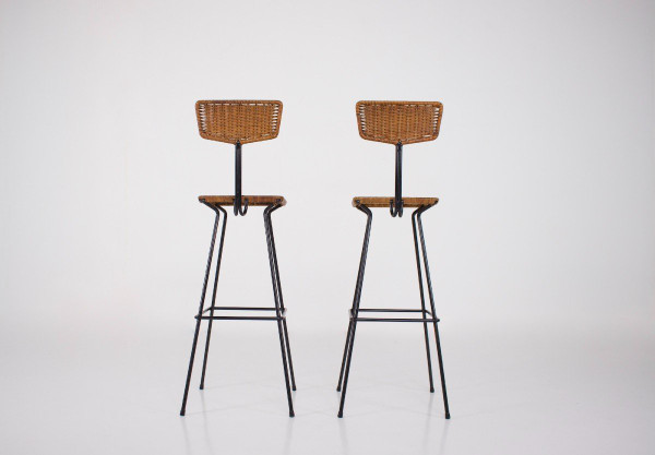 Pair Of Modernist Erwin Behr Rattan Stools