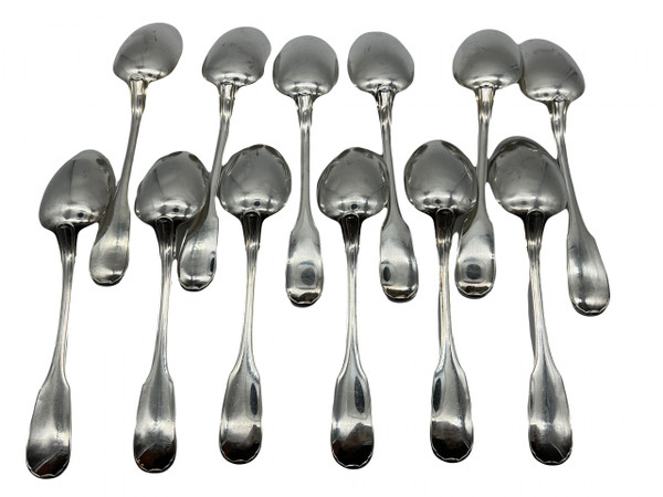 12 Christofle soup spoons, Versailles or Dupleix model, in silver-plated metal