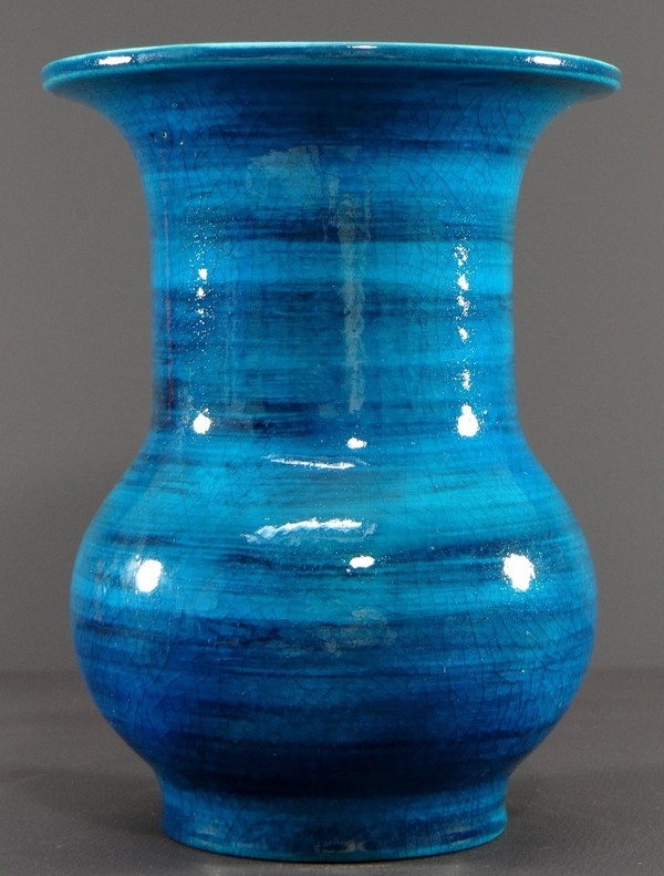 France, 1950s, Glazed Ceramic Vase In Shades Of Blue.