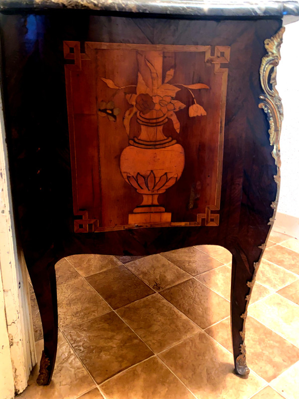 Superb rare and elegant two-drawer chest of drawers with rich marquetry of Louis XV musical instruments