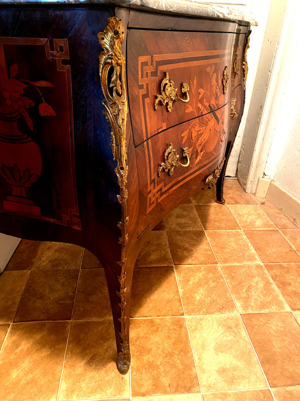 Superb rare and elegant two-drawer chest of drawers with rich marquetry of Louis XV musical instruments