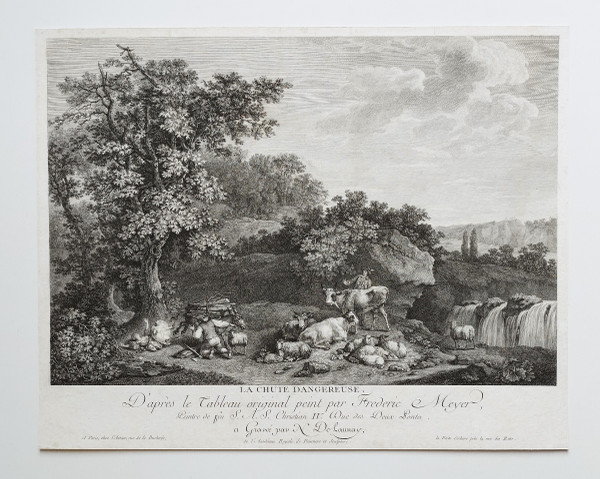 Etching Forest Landscape Engraving After Frederic Meyer The Dangerous Fall 18th C Old Print