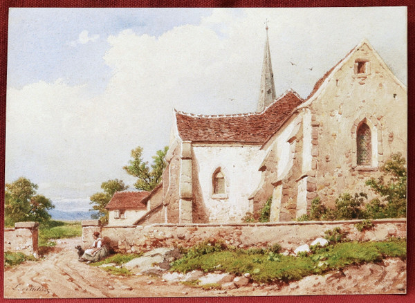 Joseph Laurent PELLETIER, Frau und Hund vor einer Kirche