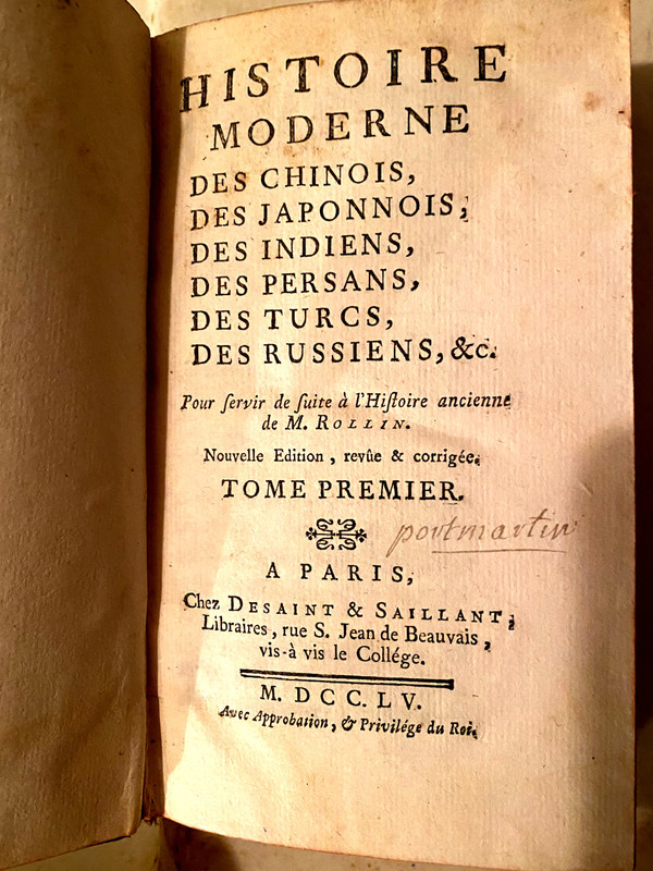 Two volumes in 12. In Paris 1755, From Rollin's Modern History containing the "Chinese and the Japanese".