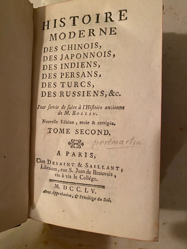 Two volumes in 12. In Paris 1755, From Rollin's Modern History containing the "Chinese and the Japanese".