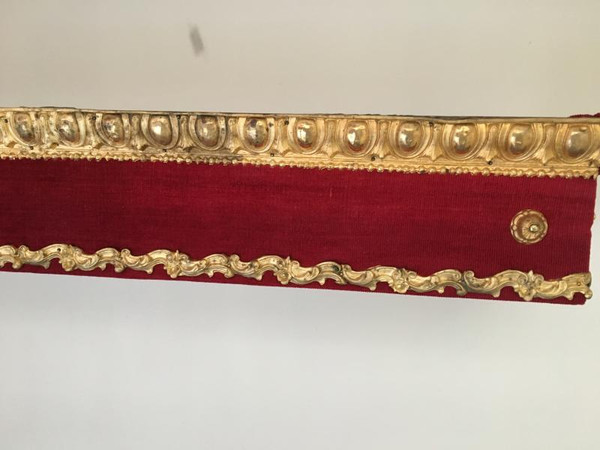 Pair of Louis XVI Style Valances, c. Napoleon III, Red Velvet, Repoussé Brass