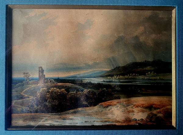 Very beautiful Romantic watercolor with the image of a river valley with well-framed 19th century ruin