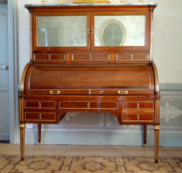 Louis XVI Period Mahogany Bookcase Cylinder Desk, Buff Varnished