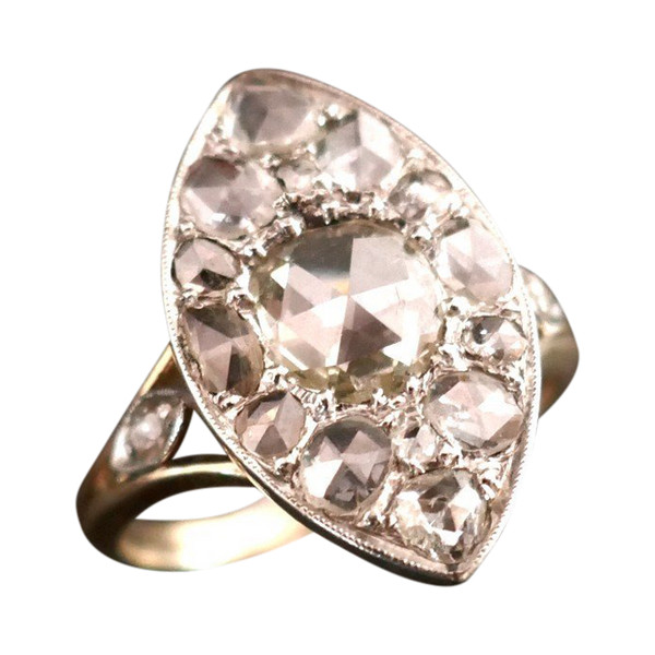 Importante Bague Marquise Diamants Taille Rose, Or Et Platine.