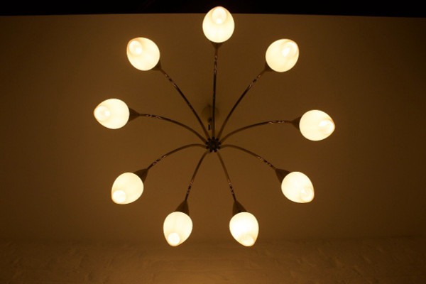 Vereinigte Werksätten: Modernist Chandelier In Brass And Opalines.