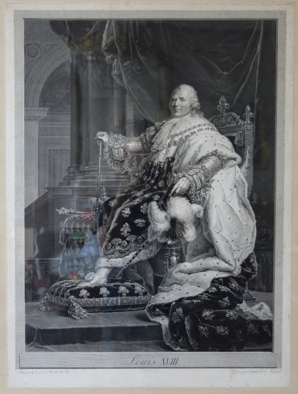 Grande incisione realista: Louis XVIII Roi De France En 1814 d'Après Gérard, 85,5 X 105 Cm