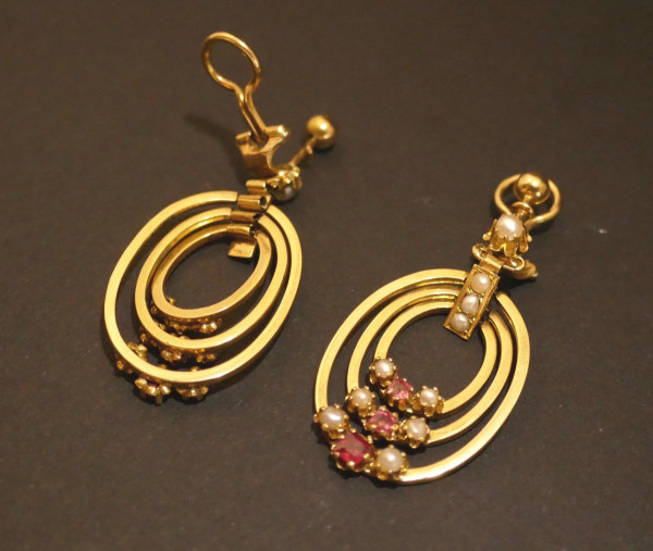 Ruby And Fine Pearl Drop Earrings, 18 Carat Gold.