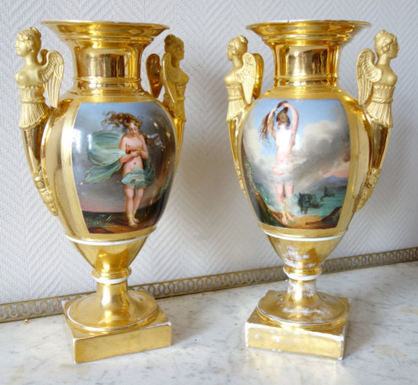 Pair Of Large Empire Period Porcelain Vases - allegories of air and water - 38,5cm