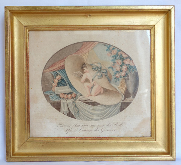 Amusing Military Engraving from the Restoration Empire Period - Golden Wood Frame