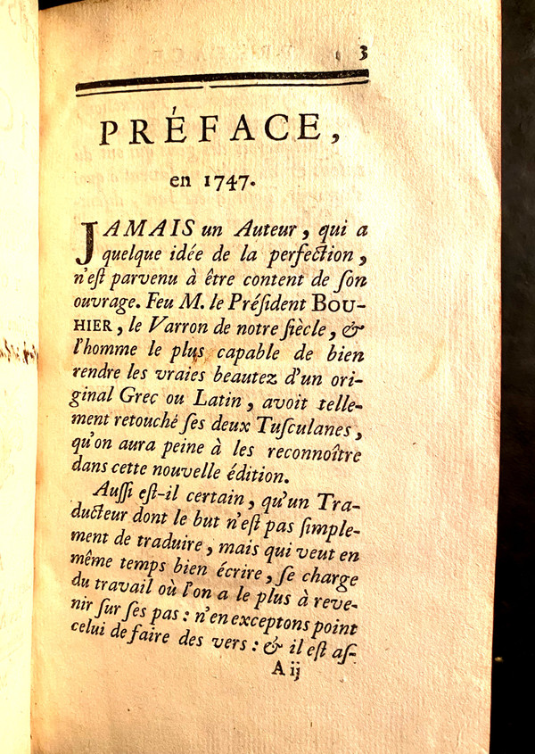 Les Trusculanes de Cicéron en deux beaux volumes in 12 imprimés à Paris chez la Vve Gandouin en 1747