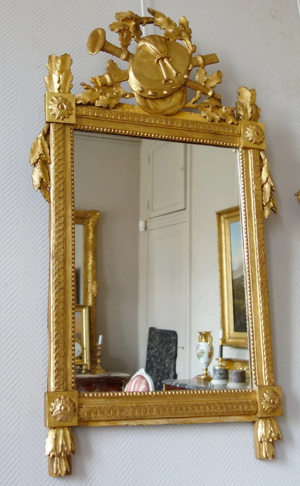 Large Louis XVI Period Giltwood Mirror, Provencal Model, Music Trophy Pediment