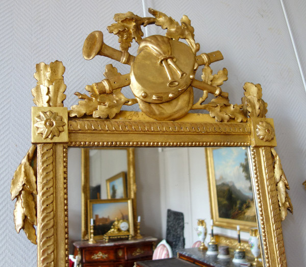 Large Louis XVI Period Giltwood Mirror, Provencal Model, Music Trophy Pediment