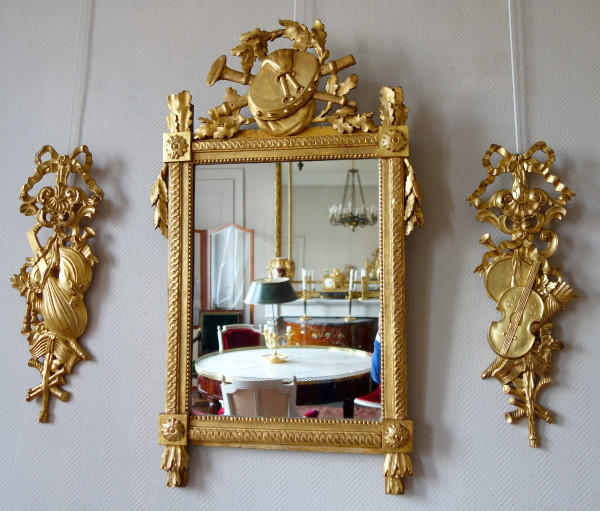 Large Louis XVI Period Giltwood Mirror, Provencal Model, Music Trophy Pediment