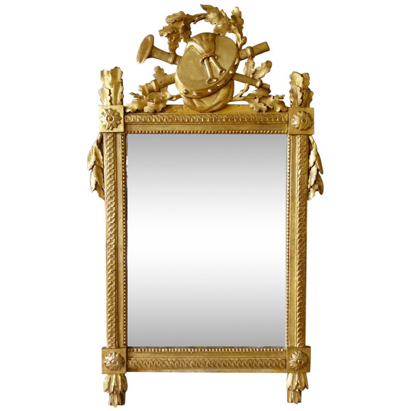 Large Louis XVI Period Giltwood Mirror, Provencal Model, Music Trophy Pediment