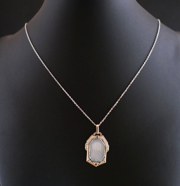 Art Deco Medal, Mother-of-Pearl Virgin, Rose-Cut Diamonds with chain.