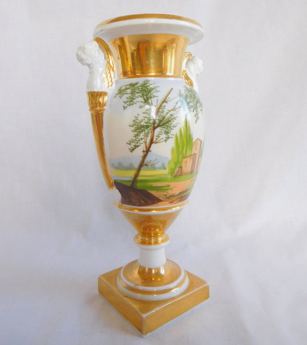 Empire Paris Porcelain Vase with Winged Lion Busts - Italian Landscapes 22cm