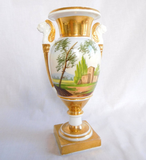 Empire Paris Porcelain Vase with Winged Lion Busts - Italian Landscapes 22cm