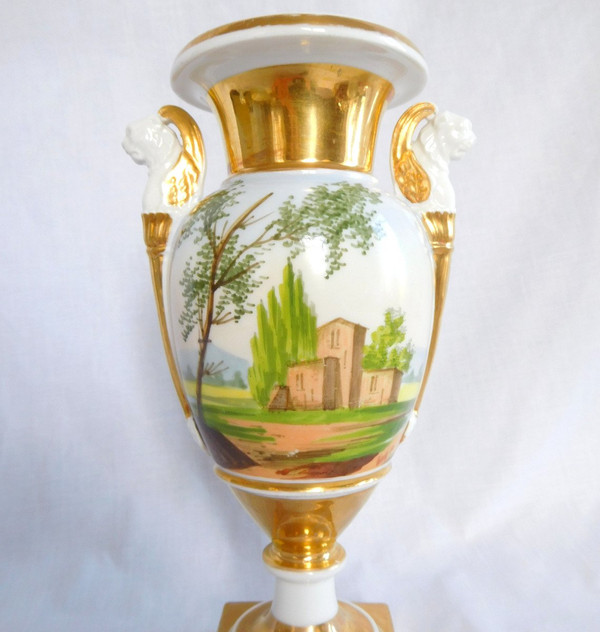 Empire Paris Porcelain Vase with Winged Lion Busts - Italian Landscapes 22cm