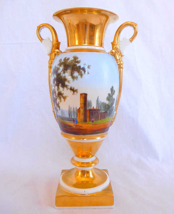 Paire De Vases Empire En Porcelaine De Paris - Paysages Tournants