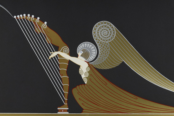 L'angelo con l'arpa, litografia a colori di Erté (1892-1990).