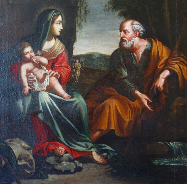 Scuola francese del XVII secolo, Riposo durante la fuga in Egitto - Sacra Famiglia 94,5x106 cm