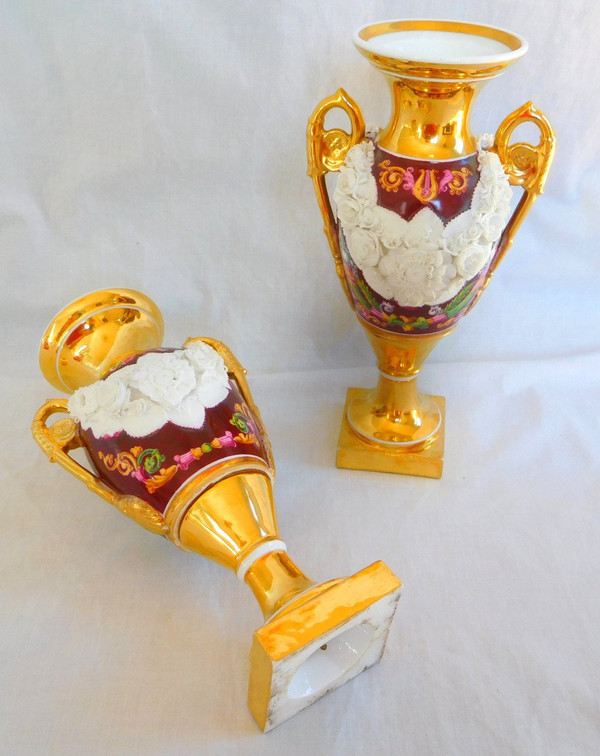 Pair Of Medici Empire Vases In Polychrome, Gilded And Biscuit Porcelain