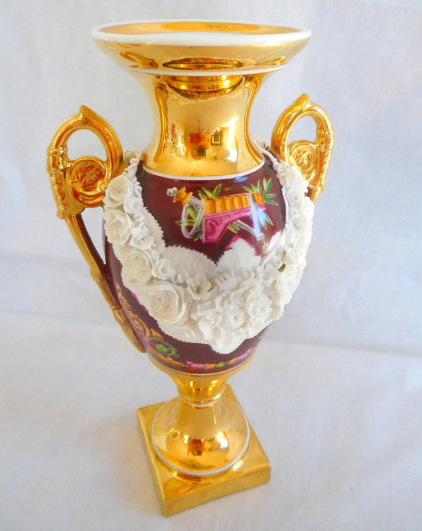 Pair Of Medici Empire Vases In Polychrome, Gilded And Biscuit Porcelain