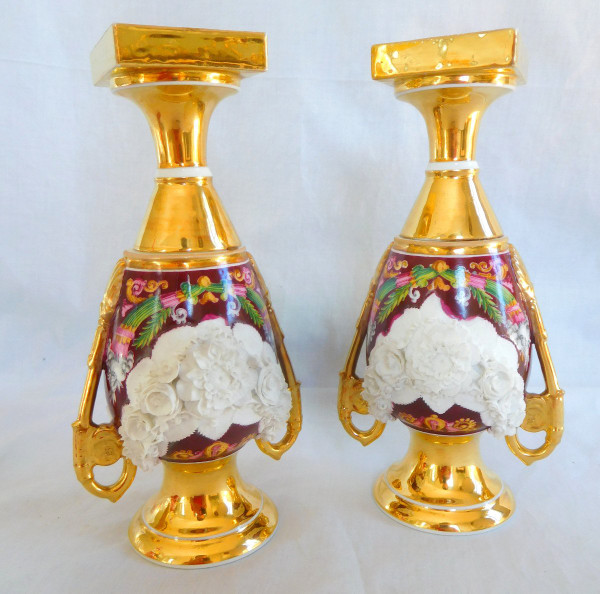 Pair Of Medici Empire Vases In Polychrome, Gilded And Biscuit Porcelain