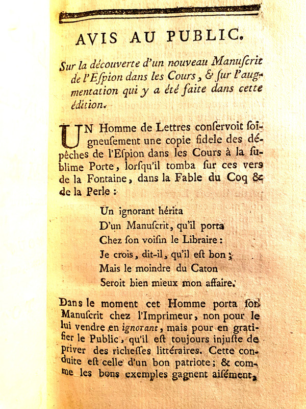 7 wunderschöne Bände in 12. In Amsterdam 1756: „Der Spion an den Höfen christlicher Fürsten“, wo Memoiren zur Geschichte dieses Jahrhunderts dienen