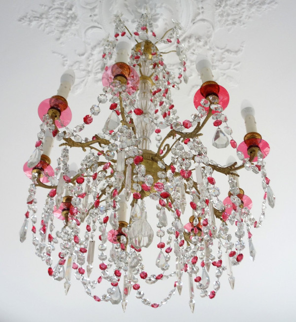 Baccarat - Rare Red And White Crystal Chandelier - Louis XVI Style 19th Century