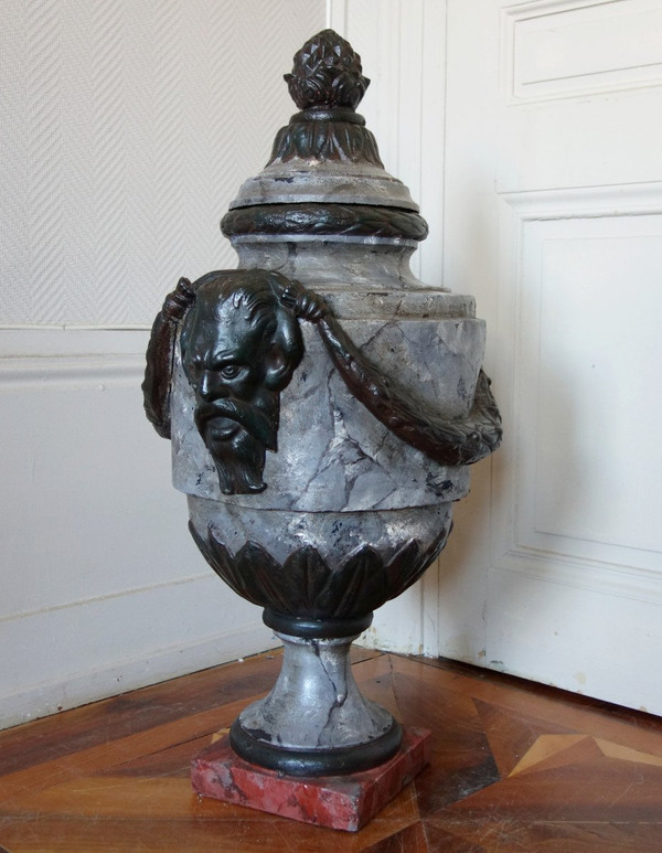 Große gedeckte Urne, Ziervase Im Stil Louis XVI - Gusseisen Patina Marmoroptik - 79cm