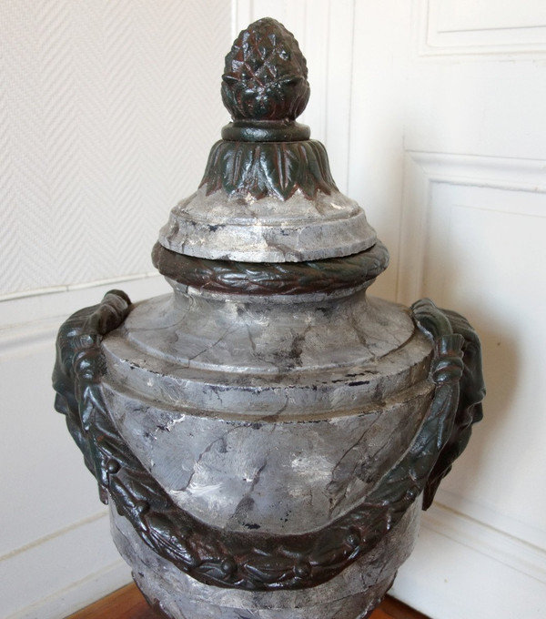 Große gedeckte Urne, Ziervase Im Stil Louis XVI - Gusseisen Patina Marmoroptik - 79cm