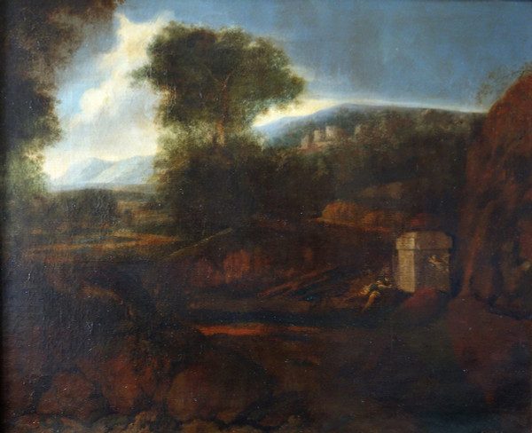 Scuola fiamminga, fine XVII o inizio XVIII secolo, campagna romana Hst 87x74cm