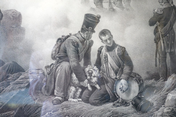 Paire De Gravures Empire Par Vernet : Le Trompette Blessé & Le Chien Du Régiment - Bois Doré