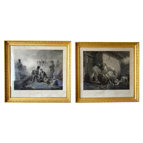 Paire De Gravures Empire Par Vernet : Le Trompette Blessé & Le Chien Du Régiment - Bois Doré